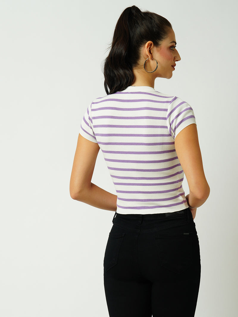 Women White & Lilac Striped Short Sleeves Topwear