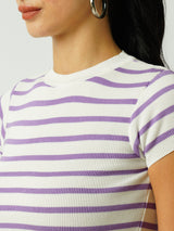 Women White & Lilac Striped Short Sleeves Topwear