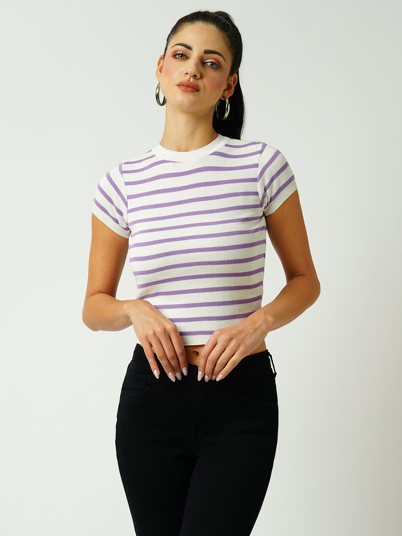 Women White & Lilac Striped Short Sleeves Topwear