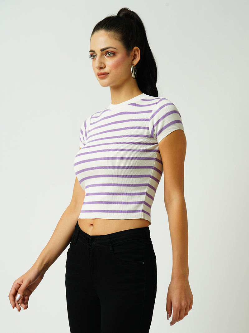 Women White & Lilac Striped Short Sleeves Topwear