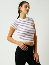 Women White & Lilac Striped Short Sleeves Topwear