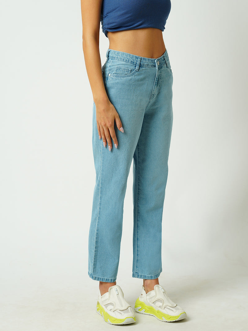 Women Light Blue High Rise Loose Straight