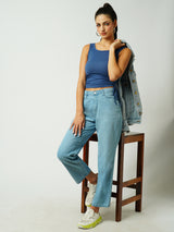Women Light Blue High Rise Loose Straight