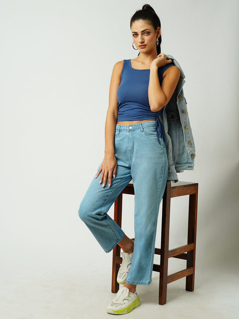 Women Light Blue High Rise Loose Straight