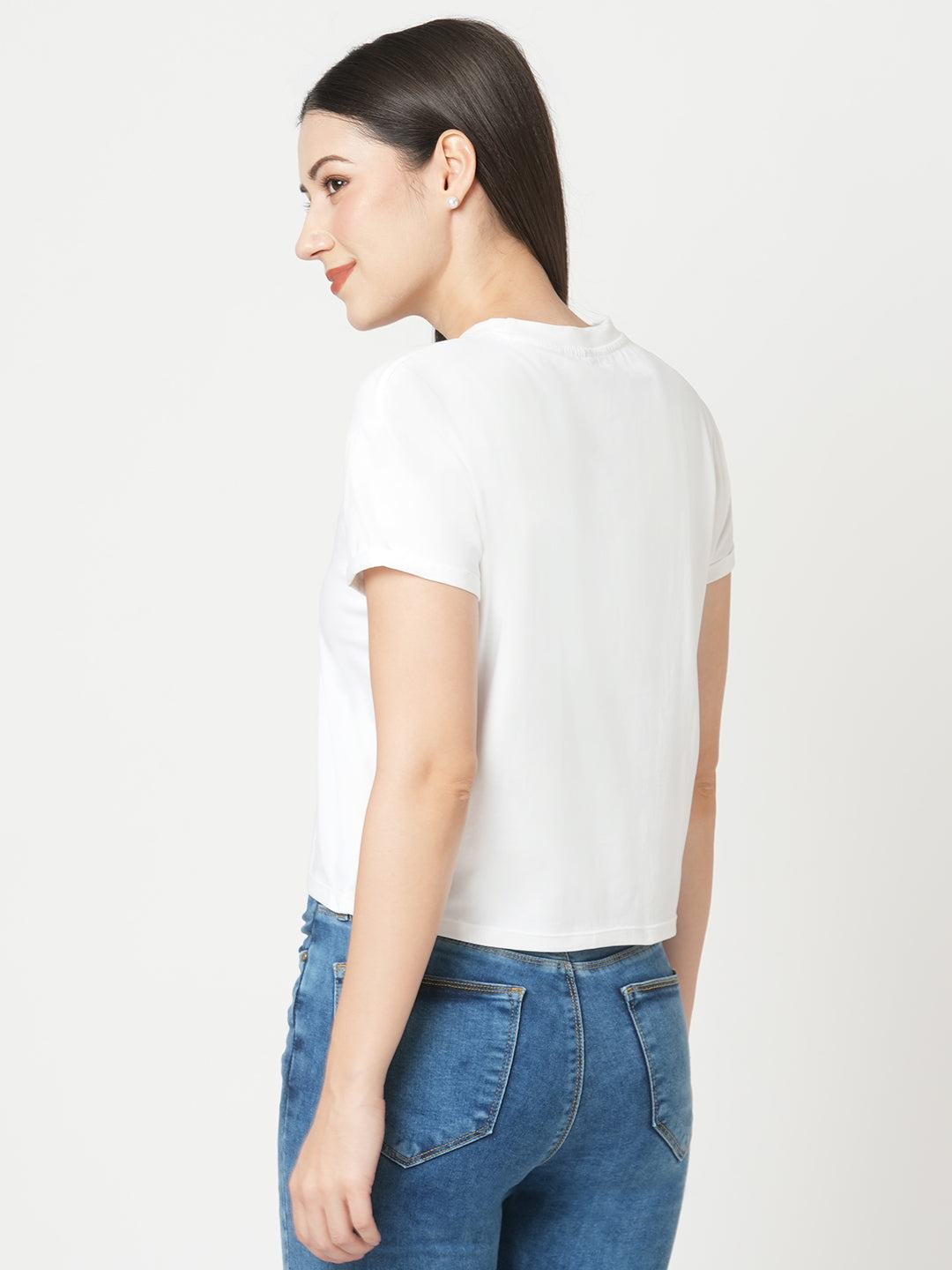 Women Slim Fit  White Crop Graphic Tees