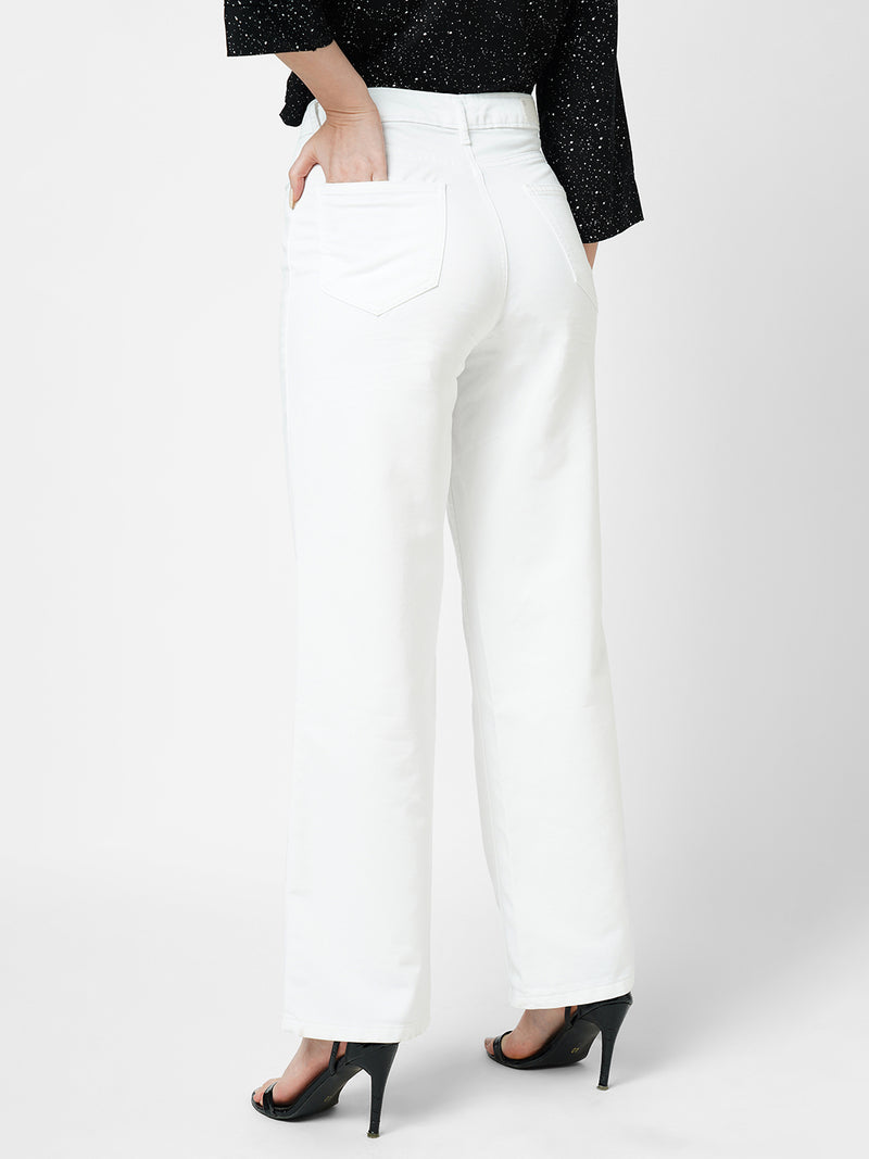 Women White K5031 High Rise Wide Leg Jeans