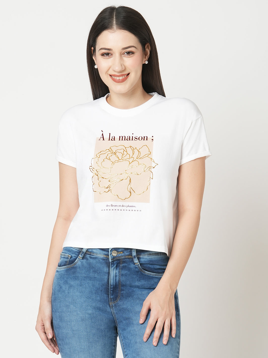 Women Slim Fit  White Crop Graphic Tees
