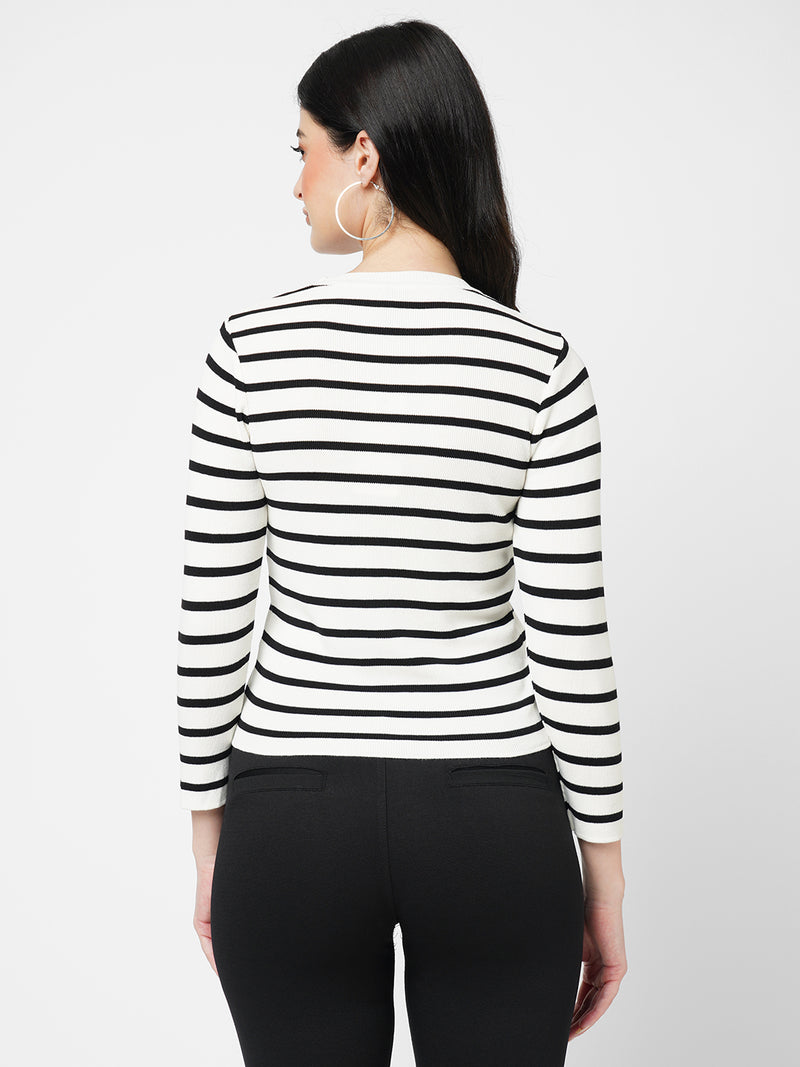 Women Black/White Striped Long Sleeves Tops