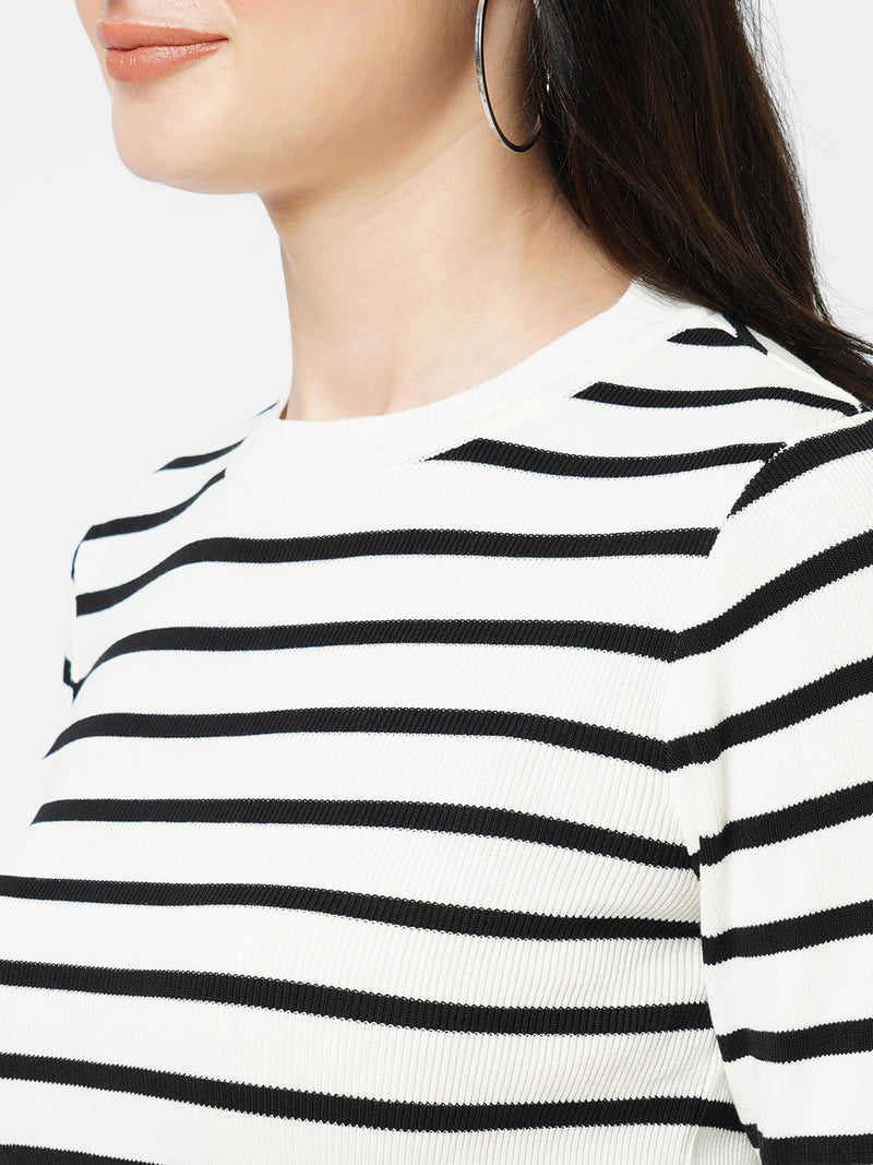 Women Black/White Striped Long Sleeves Tops
