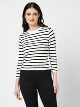 Women Black/White Striped Long Sleeves Tops