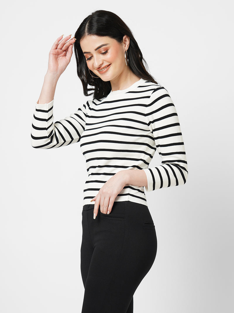 Women Black/White Striped Long Sleeves Tops