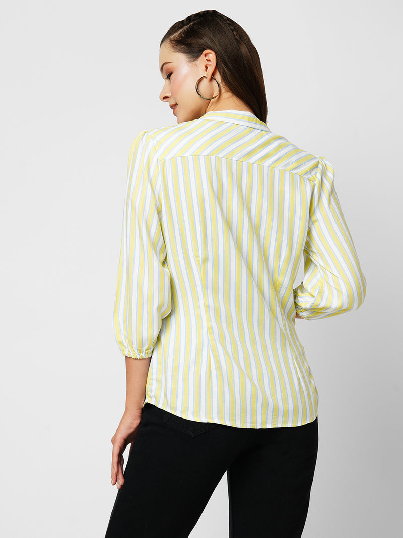 Women Lime & White Striped Three-Quarter Sleeves Shirts