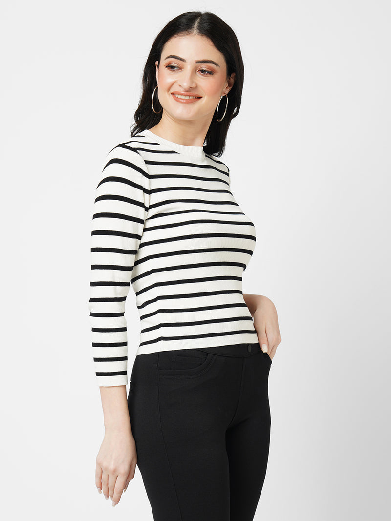 Women Black/White Striped Long Sleeves Tops