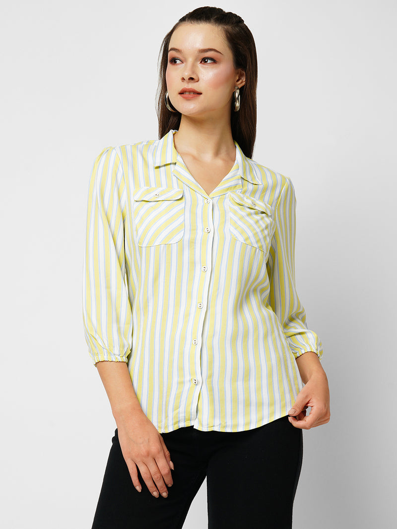 Women Lime & White Striped Three-Quarter Sleeves Shirts