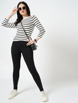 Women Black/White Striped Long Sleeves Tops