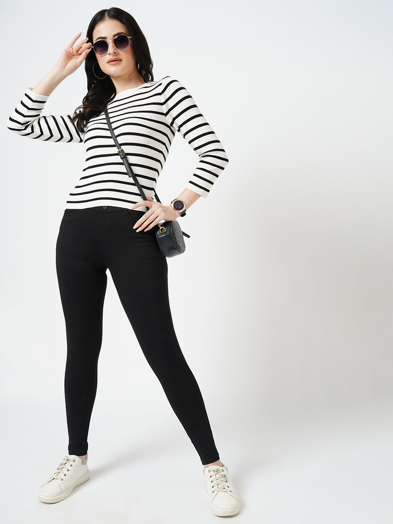 Women Black/White Striped Long Sleeves Tops