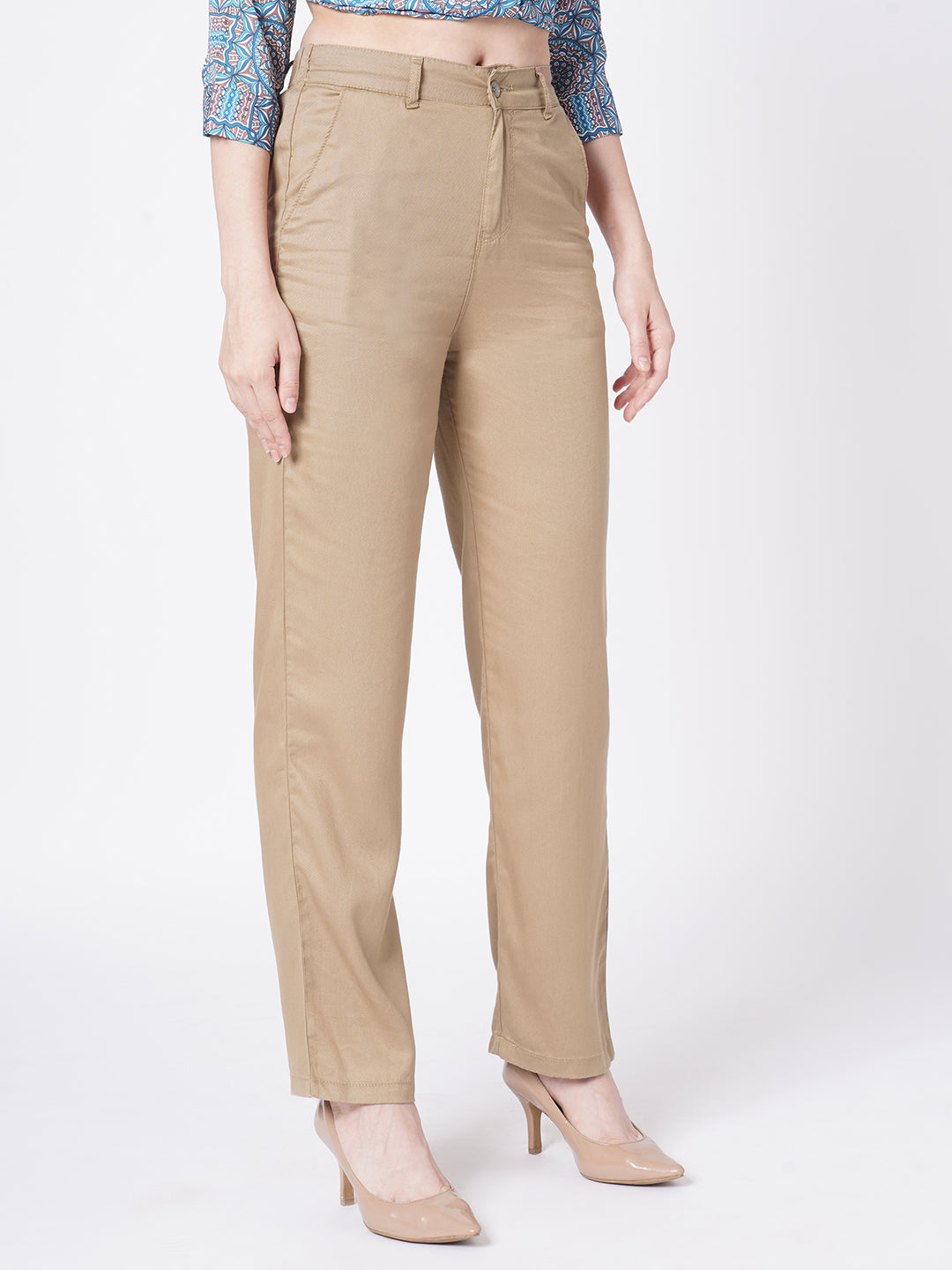 Women Dusty Rose High-Rise Straight Fit Trousers