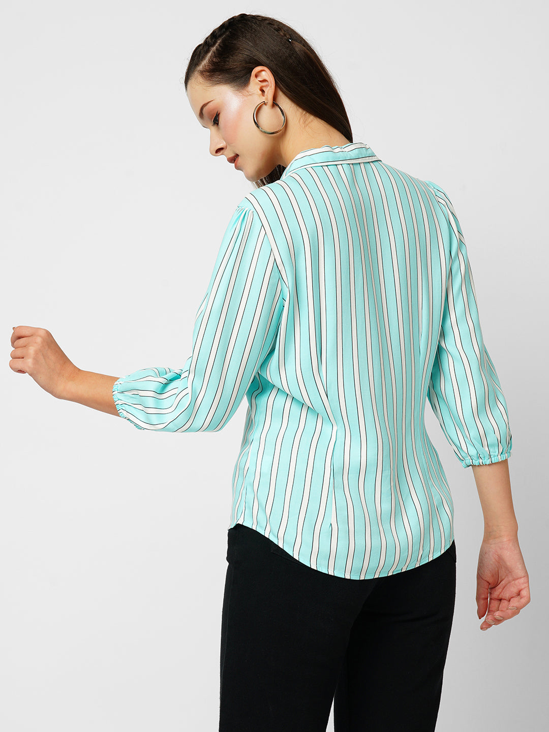 Women Aqua & White Striped Three-Quarter Sleeves Shirts