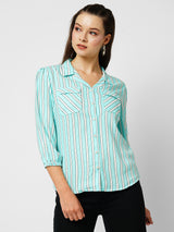 Women Aqua & White Striped Three-Quarter Sleeves Shirts