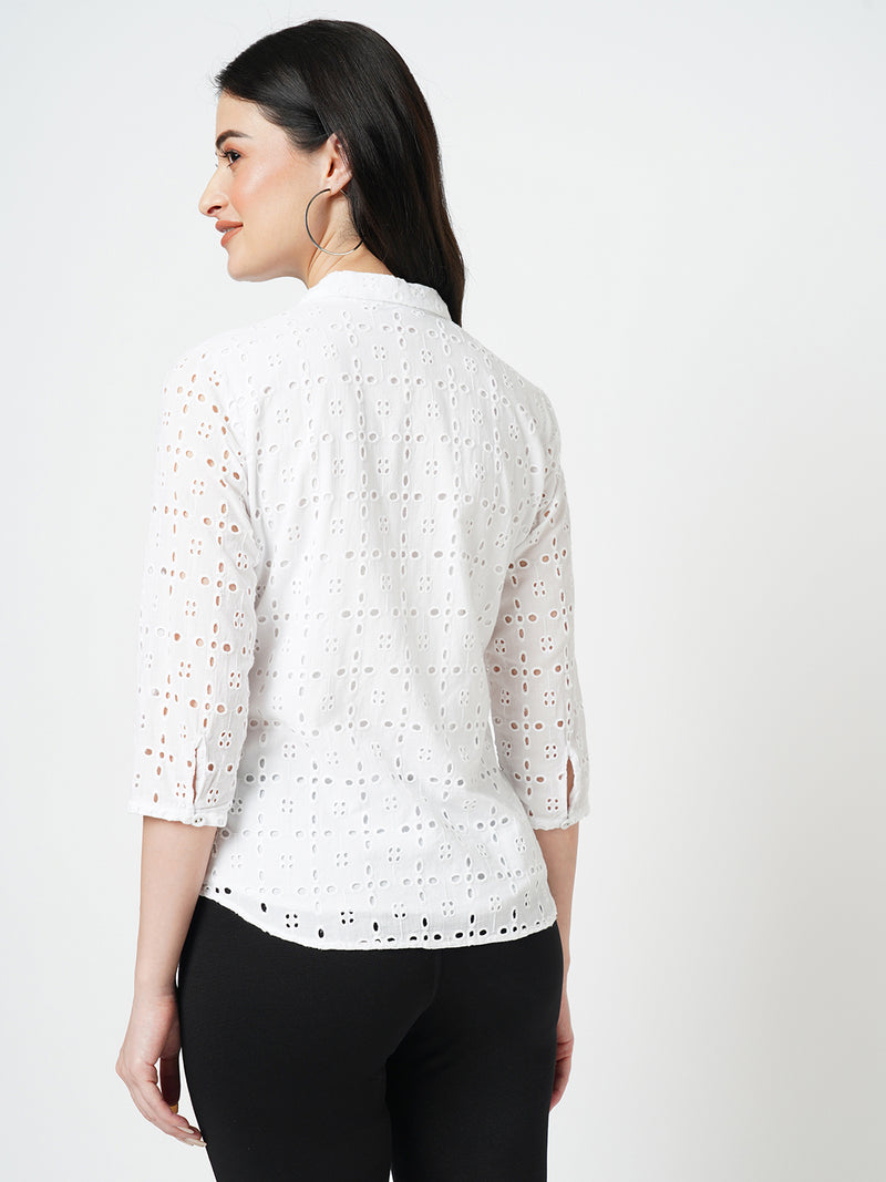 Women Bleach White Embroidered Long Sleeves Shirts