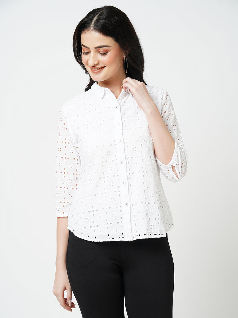 Women Bleach White Embroidered Long Sleeves Shirts