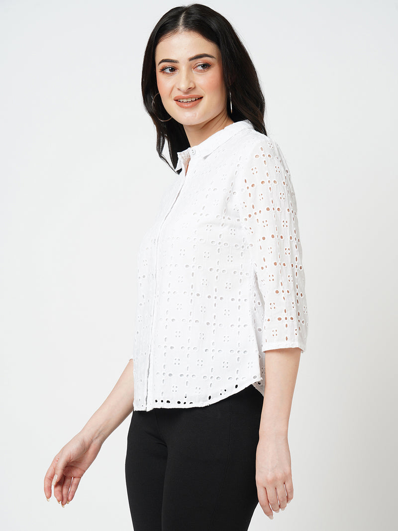 Women Bleach White Embroidered Long Sleeves Shirts