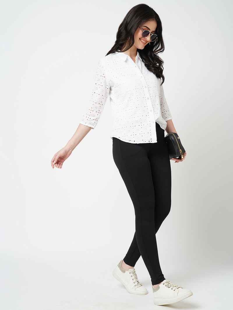 Women Bleach White Embroidered Long Sleeves Shirts