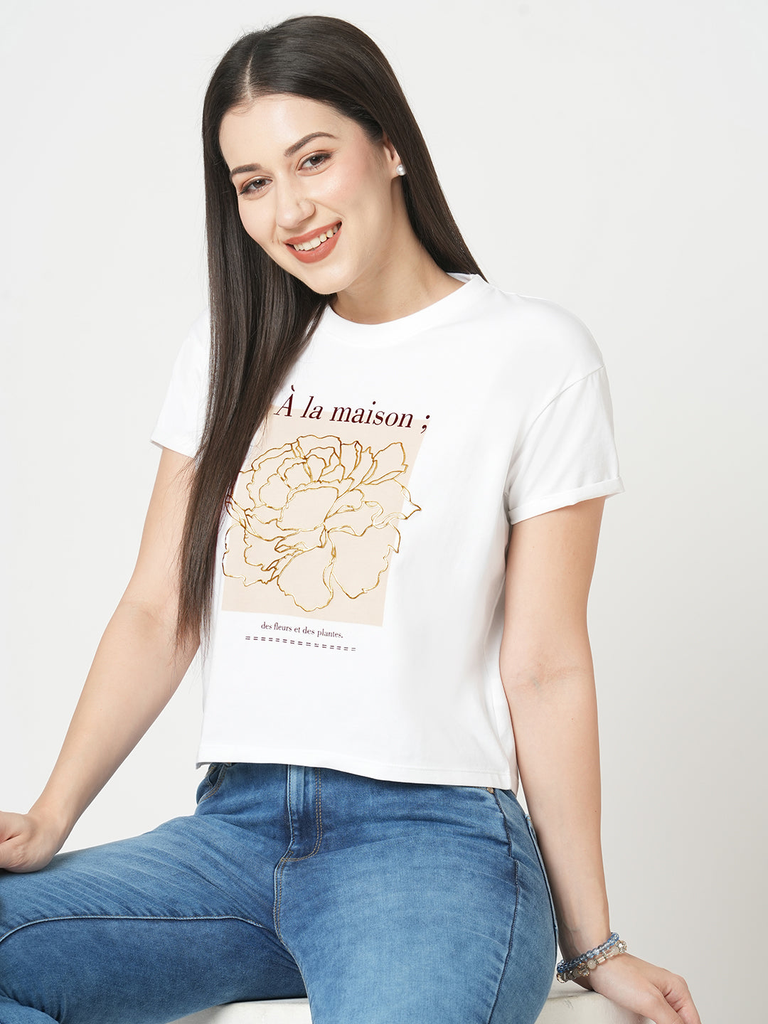 Women Slim Fit  White Crop Graphic Tees