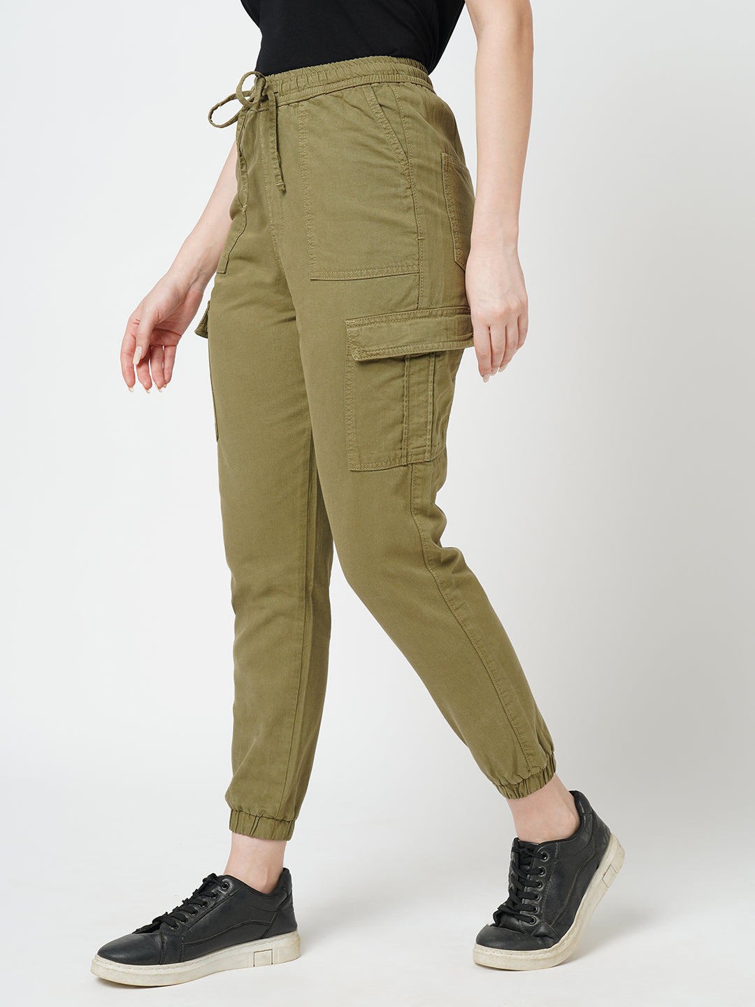 Women Olive High Rise Paper Bag Pants