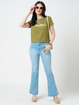 Women Olive Solid Short Sleeves Tshirts