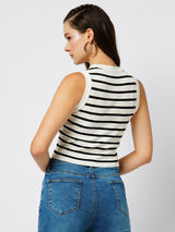 Women Black & White Striped Sleevless Tops