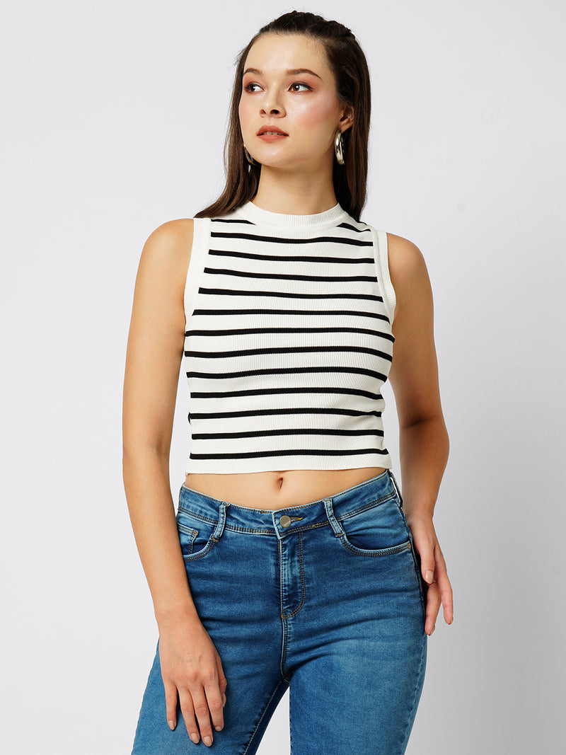 Women Black & White Striped Sleevless Tops