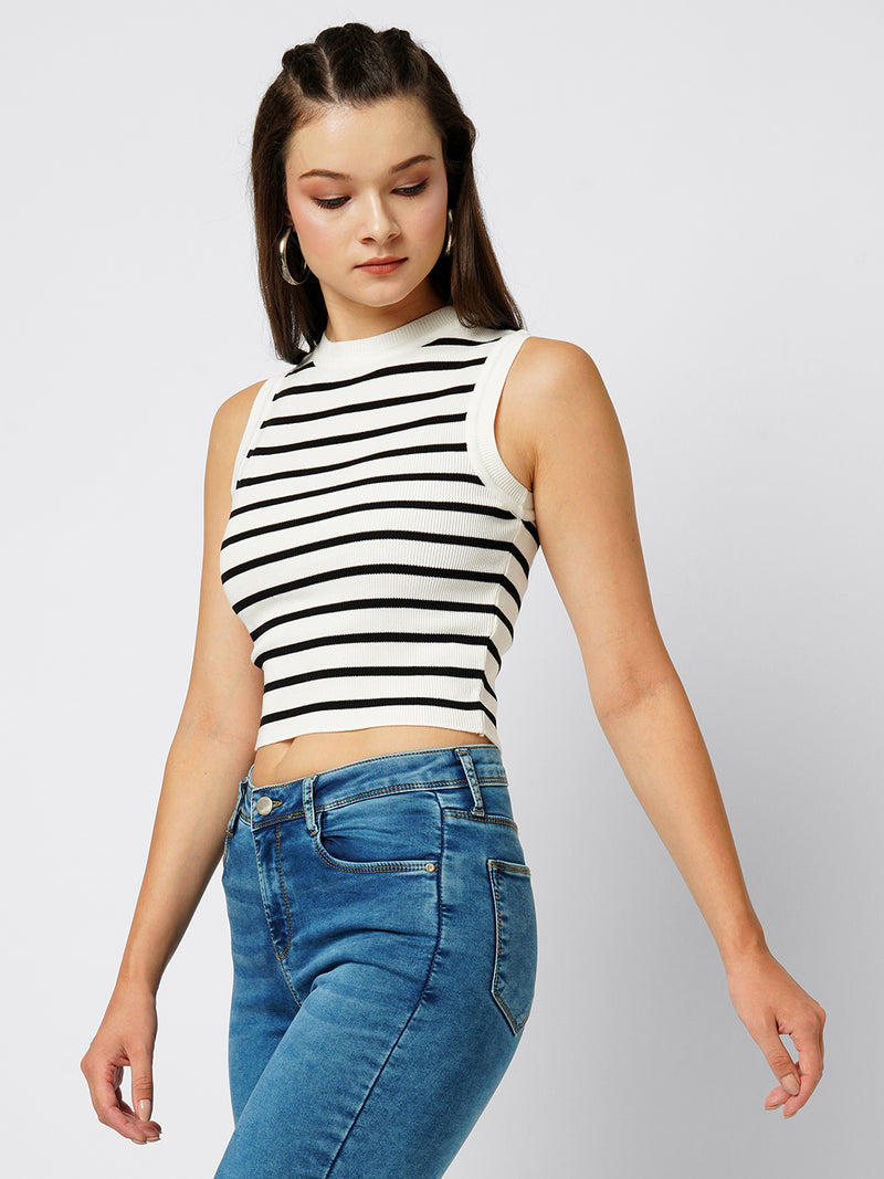 Women Black & White Striped Sleevless Tops