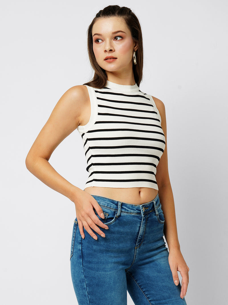 Women Black & White Striped Sleevless Tops