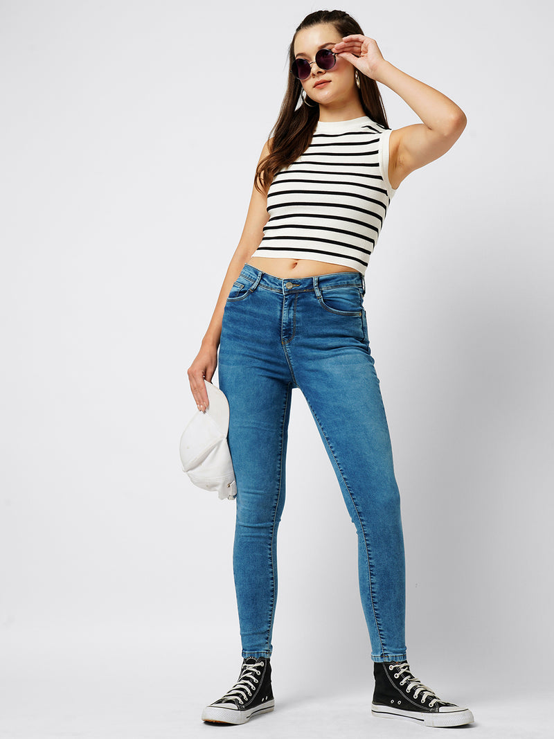 Women Black & White Striped Sleevless Tops