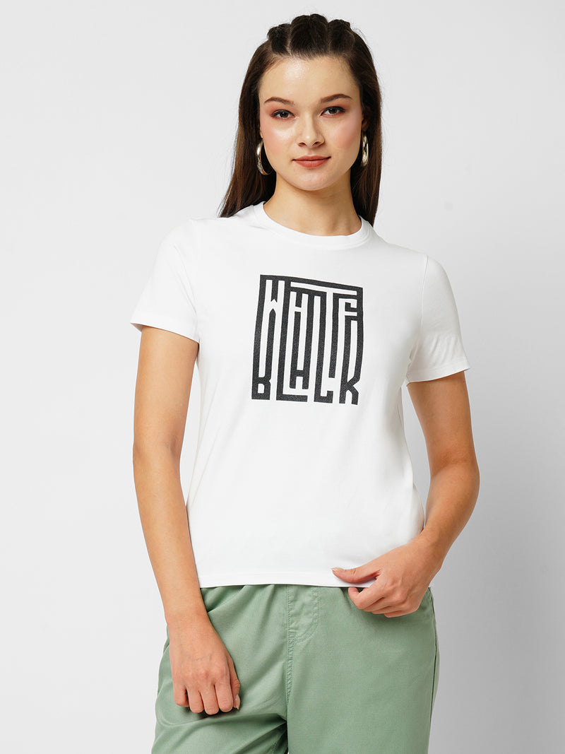 Women White Printed Short Sleeves T-Shirts