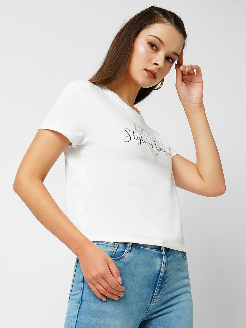Women White Printed Short Sleeves T-Shirts