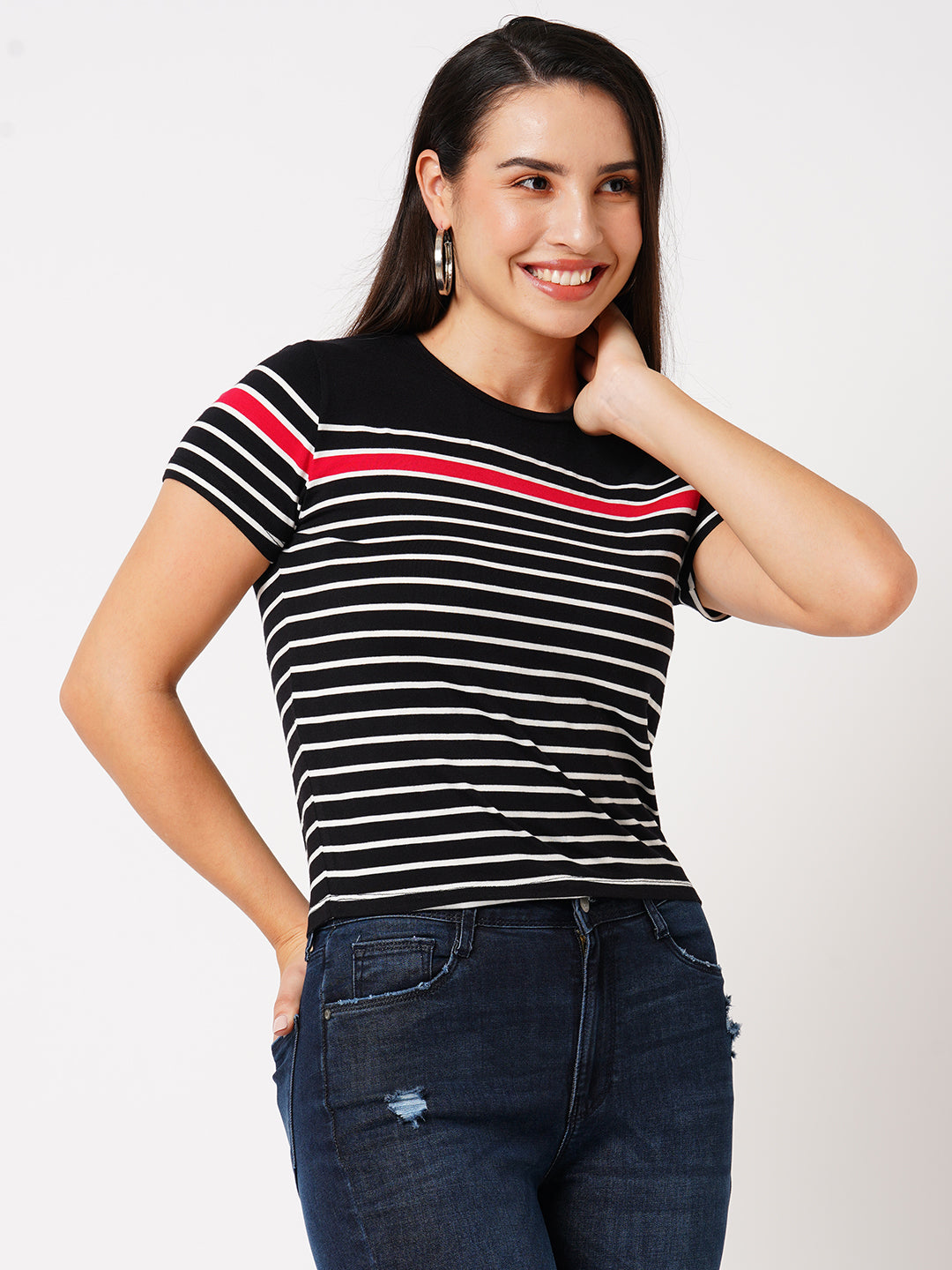 Women Black & White Striped Short Sleeves Tshirts