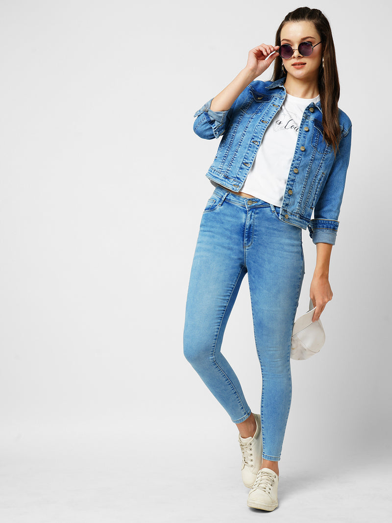 Women Blue Solid Full Length Jackets & Shrugs