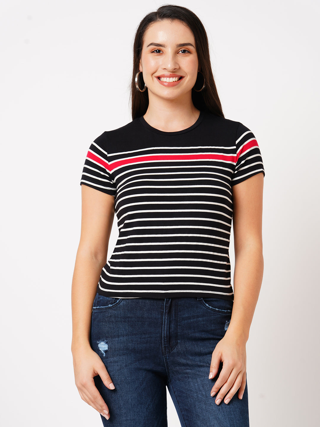 Women Black & White Striped Short Sleeves Tshirts