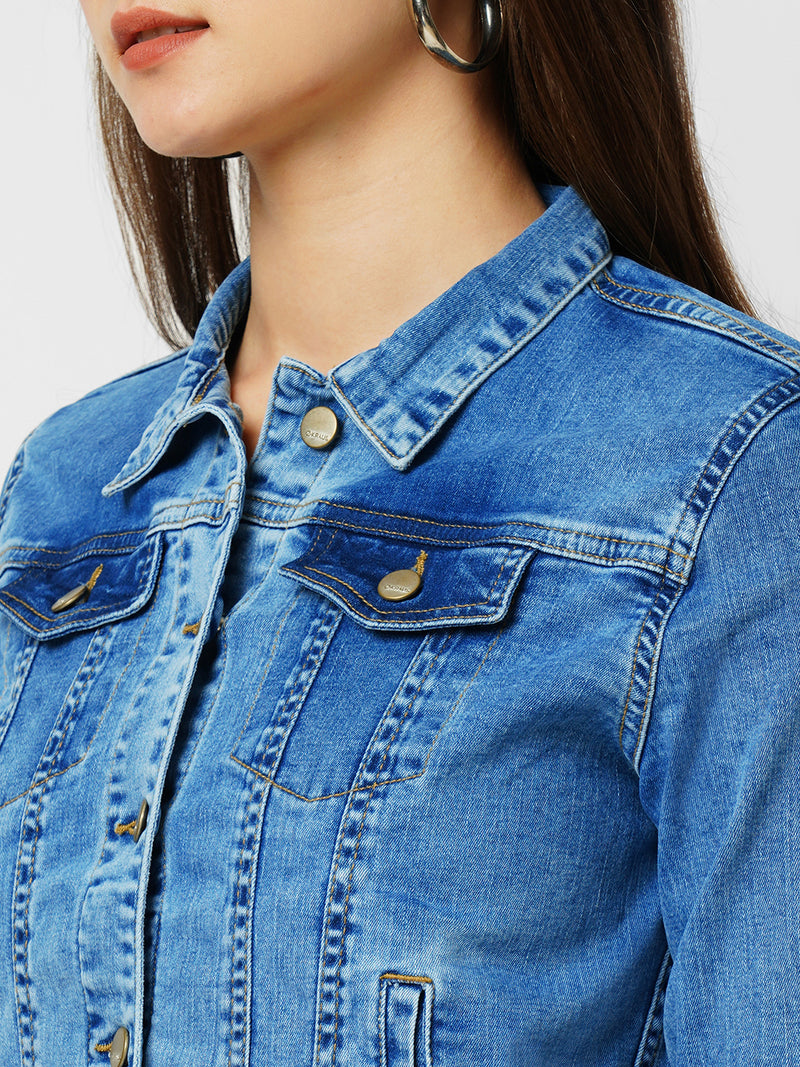 Women Blue Solid Full Length Jackets & Shrugs