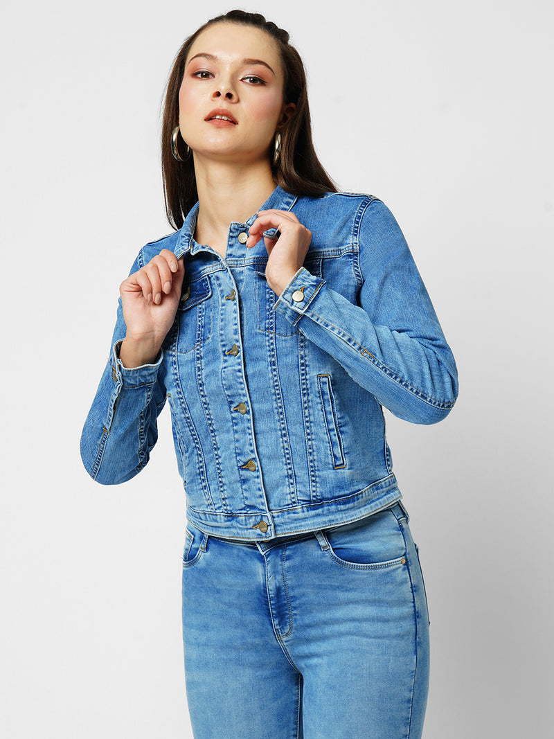 Women Blue Solid Full Length Jackets & Shrugs