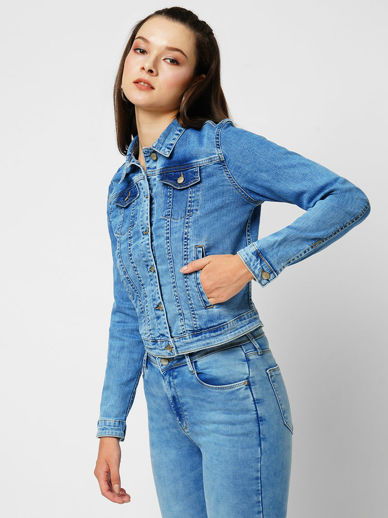 Women Blue Solid Full Length Jackets & Shrugs