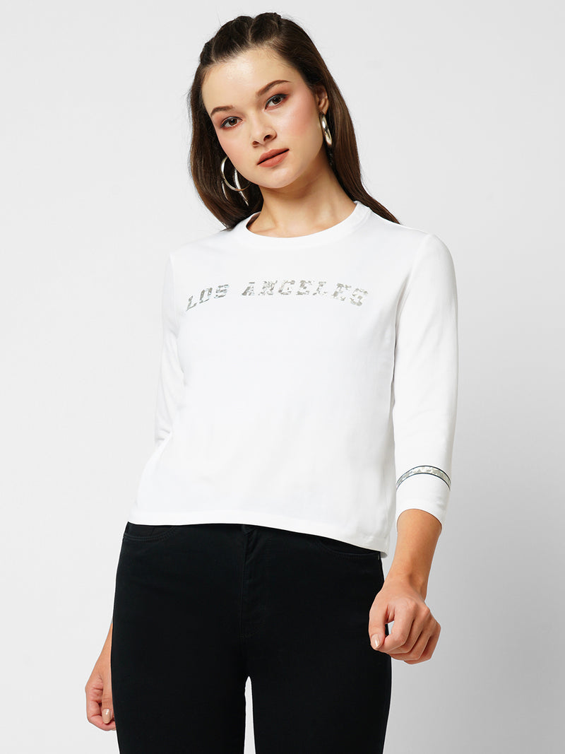 Women Off White Printed Three-Quarter Sleeves T-Shirts