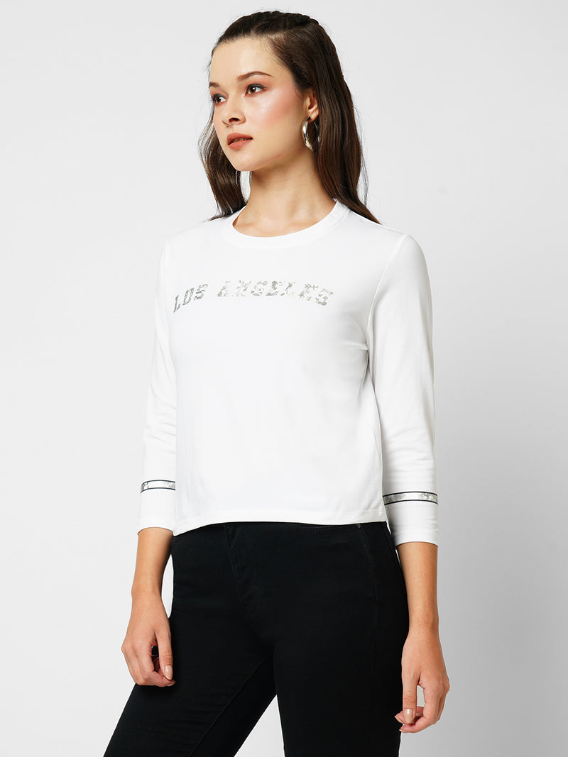 Women Off White Printed Three-Quarter Sleeves T-Shirts