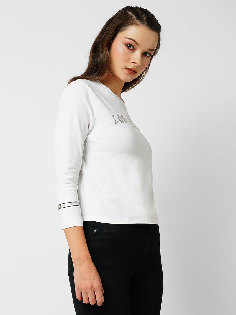 Women Off White Printed Three-Quarter Sleeves T-Shirts