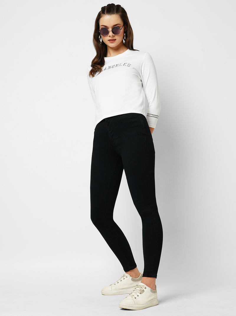 Women Off White Printed Three-Quarter Sleeves T-Shirts