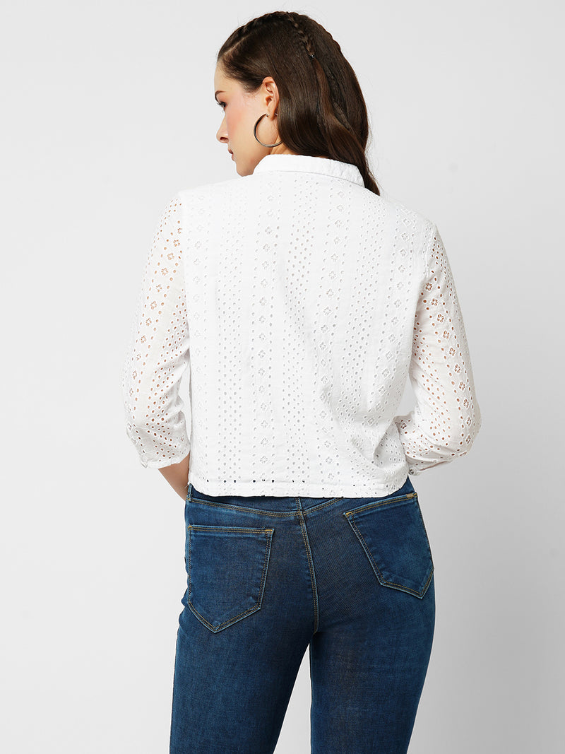 Women Bleach White Lace Three-Quarter Sleeves Shirts
