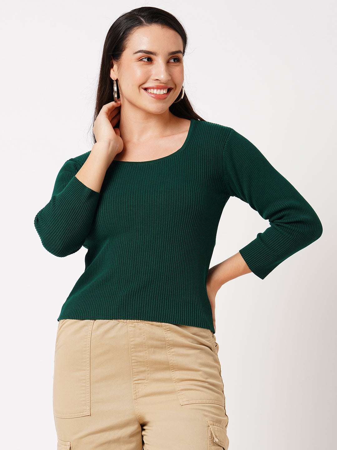 Women Bottle Green Flat Knit Top