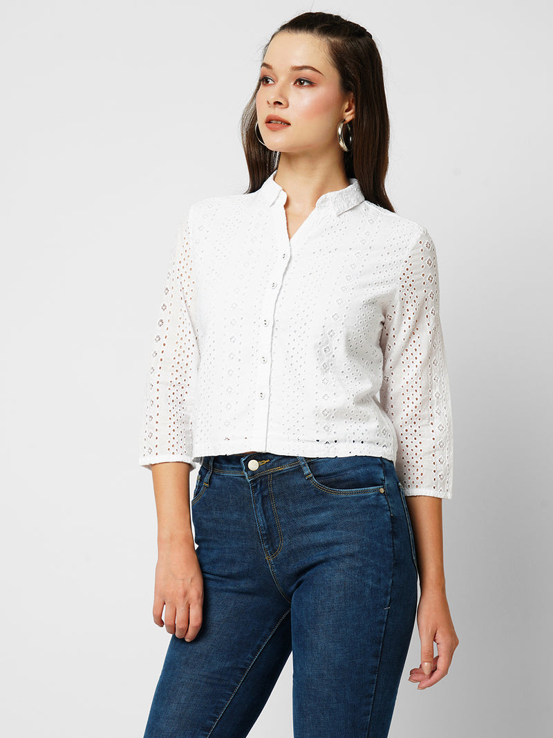 Women Bleach White Lace Three-Quarter Sleeves Shirts